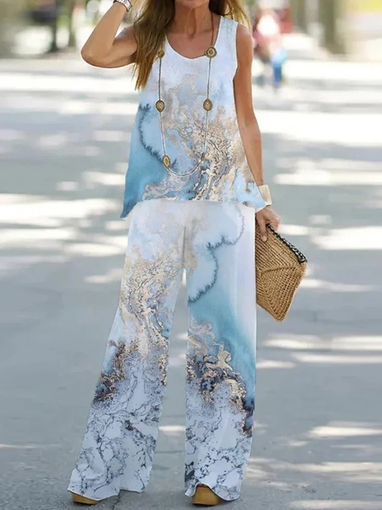 Women’s Two Piece Set – Relaxed Fit – Sleeveless Top – Wide Leg Trousers – Artistic Print
