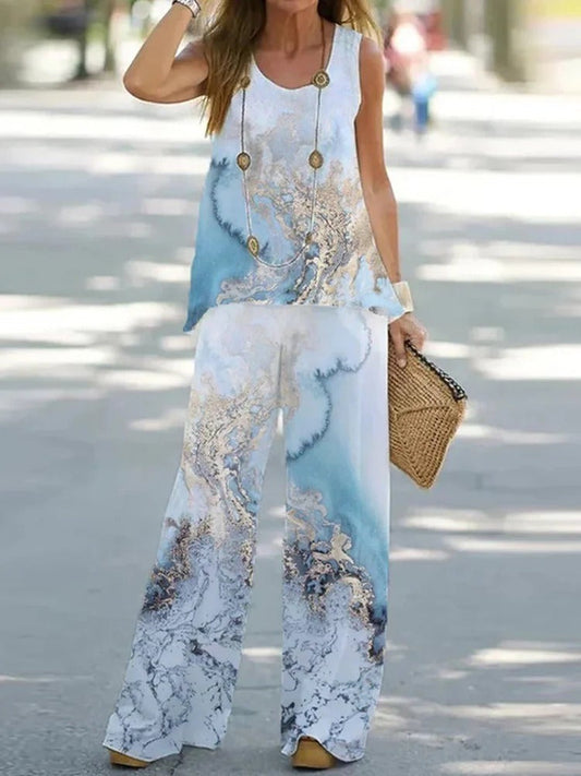 Women’s Two Piece Set – Relaxed Fit – Sleeveless Top – Wide Leg Trousers – Artistic Print