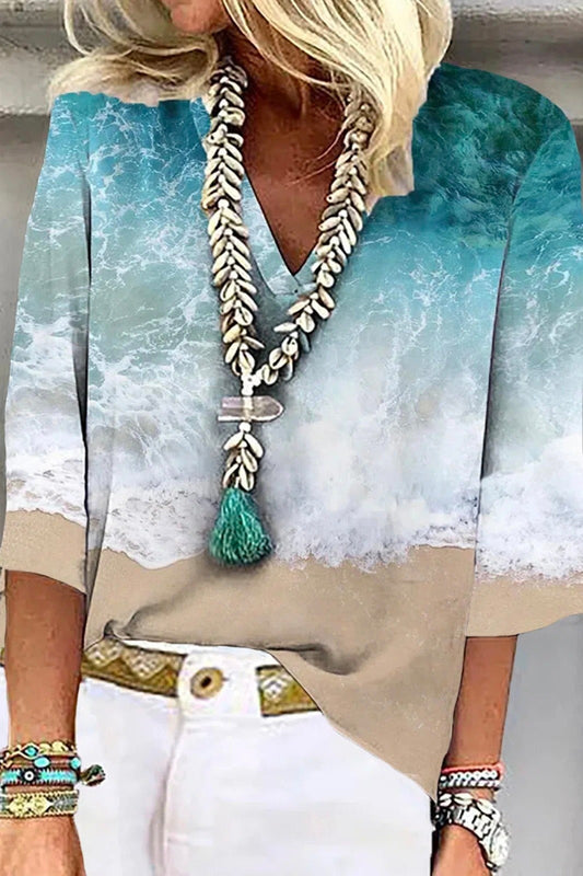 Women’s Blouse – Relaxed Fit – V-Neck – 3/4 Sleeve – Breathable Blend – Beach Print