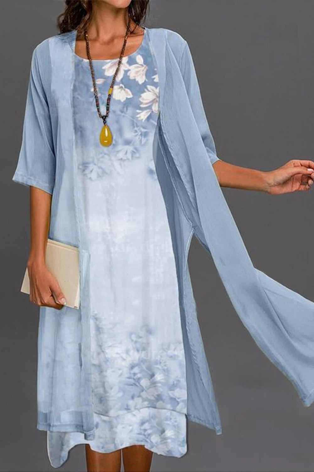 Women’s Two-Piece Midi Dress – Relaxed Fit – Floral Print – Sheer Half Sleeve Overlay