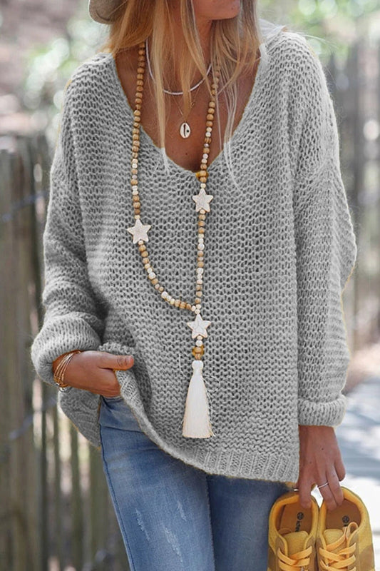 Women’s Sweater – Oversized Fit – Soft Wool Blend – V-Neck – Long Sleeve Ribbed Hem
