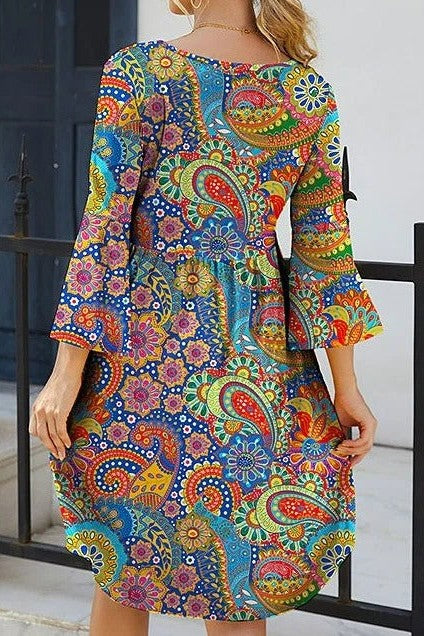 Women’s Mini Dress – Paisley Print – Relaxed Fit – A-Line Silhouette – 3/4 Sleeve
