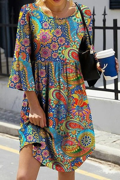 Women’s Mini Dress – Paisley Print – Relaxed Fit – A-Line Silhouette – 3/4 Sleeve
