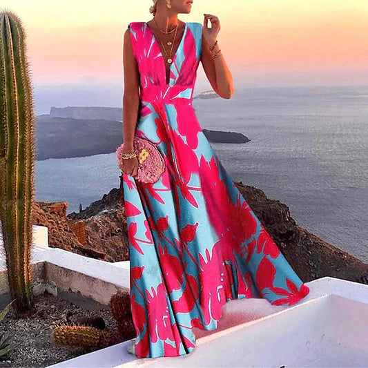 Women’s Maxi Dress – Flowy Fit – Sleeveless – Deep V-Neck – Bold Floral Print – Breathable Blend