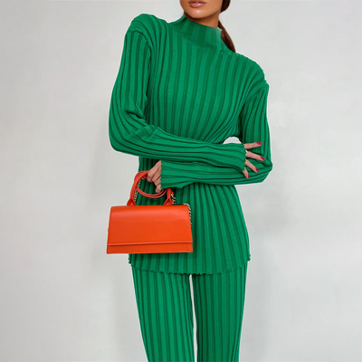 Women's Knitwear Set - Ribbed Turtleneck Top & Trousers - Slim Fit - Soft & Stretchy