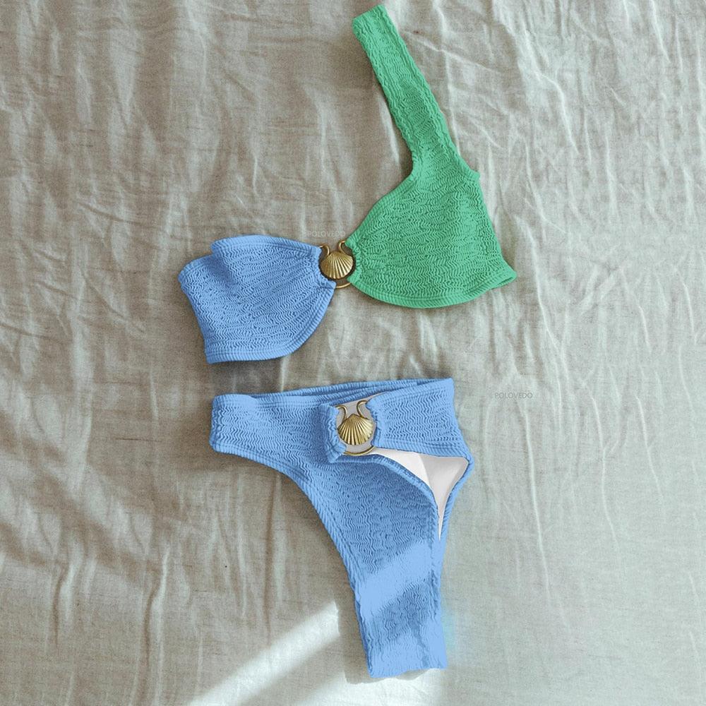 Women’s Bikini Set – Ribbed Stretch Fabric – Scoop Neck Top – High Waist Bottoms