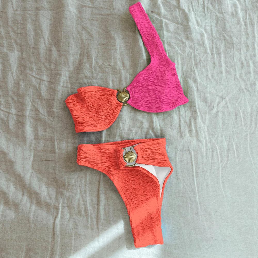 Women’s Bikini Set – Ribbed Stretch Fabric – Scoop Neck Top – High Waist Bottoms