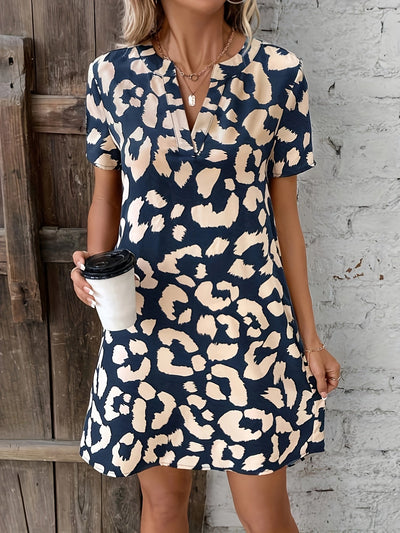 Elegant Leopard Print V-Neck Dress for Women with Short Sleeves