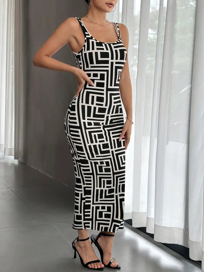 Women's Bodycon Midi Dress - Square Neck - Sleeveless - Geometric Pattern - Fitted Silhouette