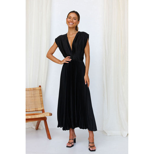 Women's Pleated Maxi Dress - Sleeveless V-Neck - Elegant Flowing Silhouette