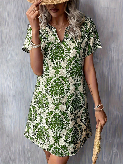 Women's Midi Dress - V-Neck Short Sleeve - Relaxed Fit Floral Damask Pattern