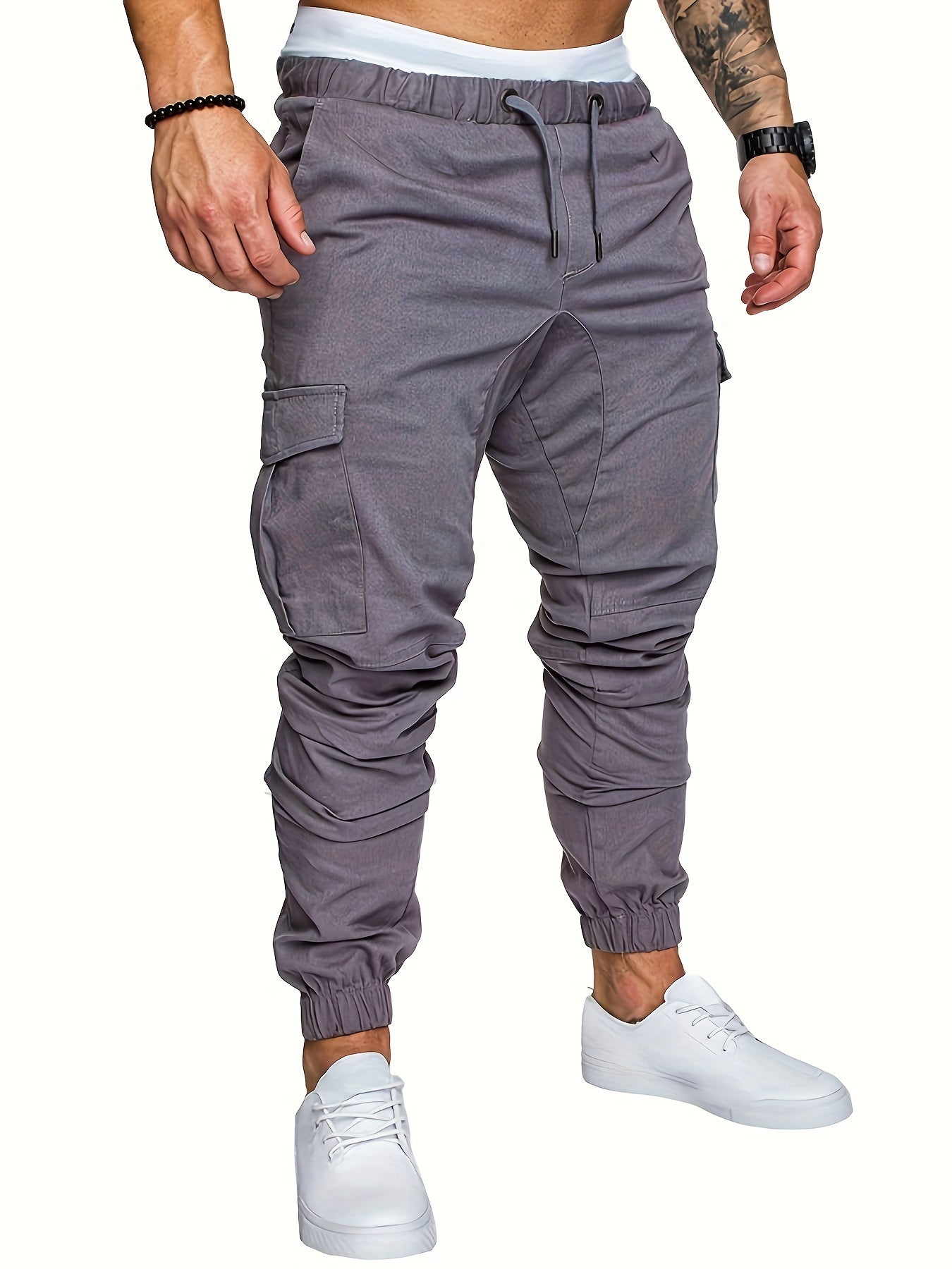 Men's Cargo Joggers - Elastic Waist - Tapered Fit - Multiple Pockets - Casual Wear
