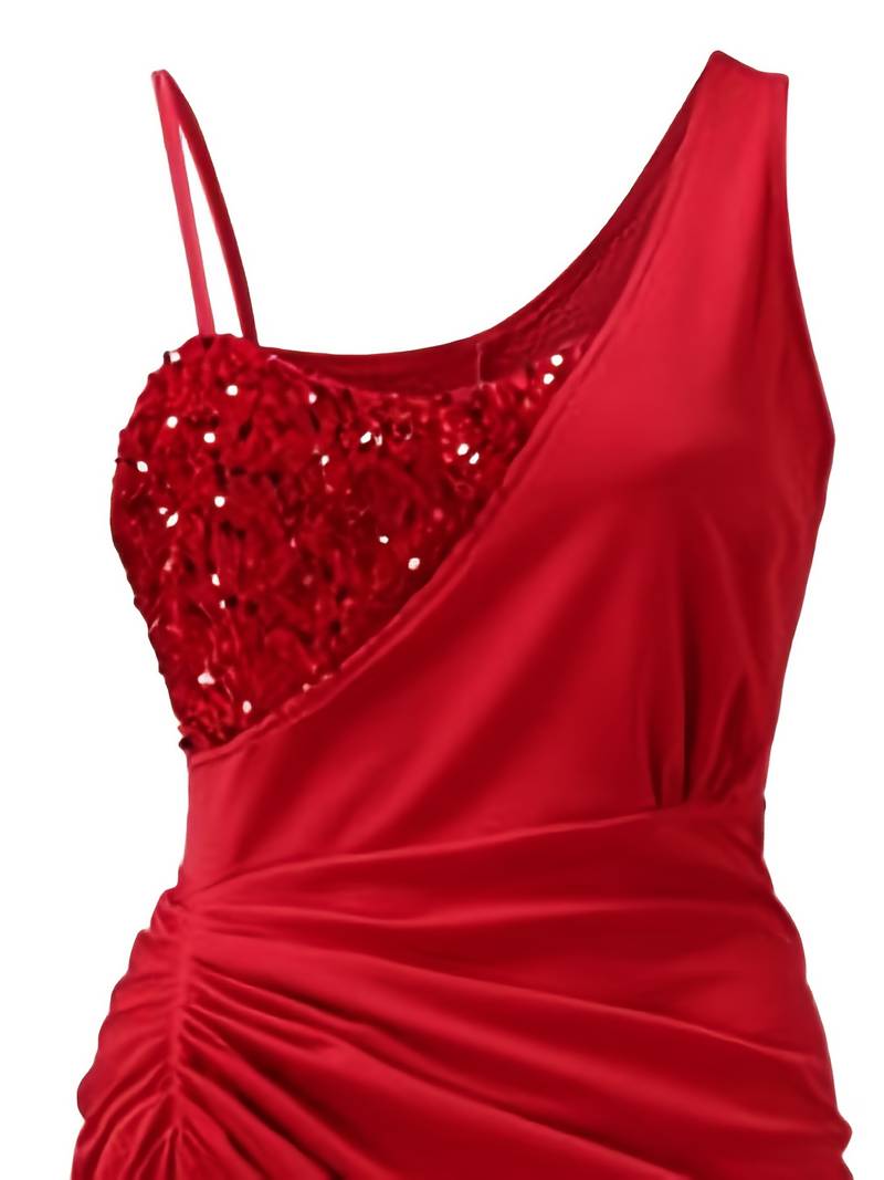Women's Evening Dress - One Shoulder - Sequin Bodice - Draped Waist - High Slit
