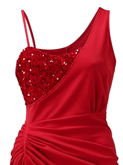 Women's Evening Dress - One Shoulder - Sequin Bodice - Draped Waist - High Slit