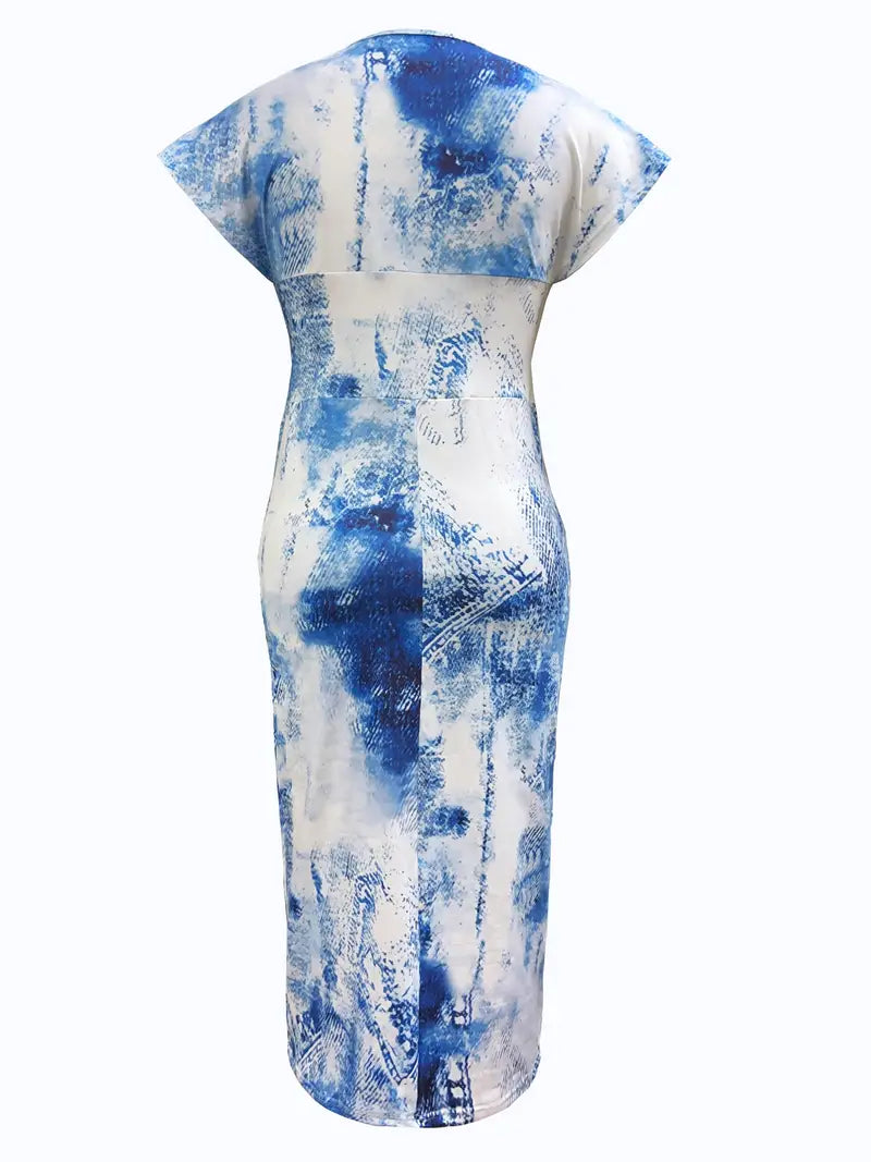 Women's Bodycon Dress - Patchwork Denim - Midi Length - V-Neck Short Sleeve