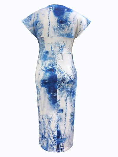 Women's Bodycon Dress - Patchwork Denim - Midi Length - V-Neck Short Sleeve