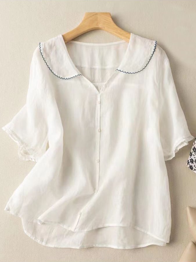 Women's cotton and linen retro short sleeved navy doll collar thin shirt