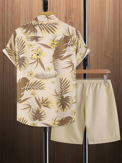 Men’s Short-Sleeve Button-Up Shirt – Tropical Floral Print – Casual Lightweight Wear