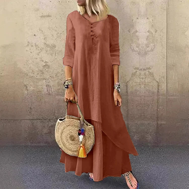 Women’s Midi Dress – Relaxed Fit – Natural Fibers – Asymmetrical Hem – 3/4 Sleeve