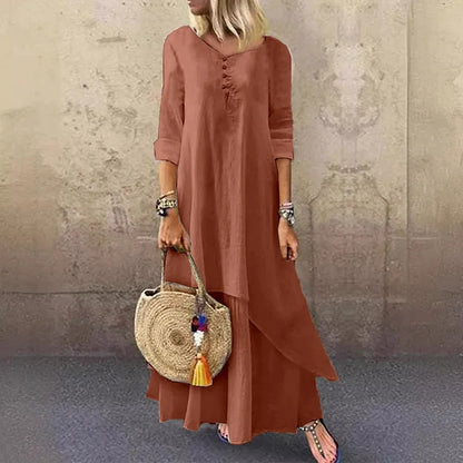 Women’s Midi Dress – Relaxed Fit – Natural Fibers – Asymmetrical Hem – 3/4 Sleeve