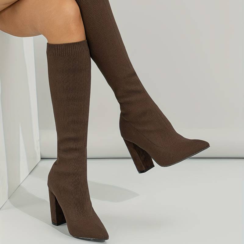 Women’s Knee High Sock Boots – Stretch Knit – Slim Fit – Pointed Toe – Block Heel