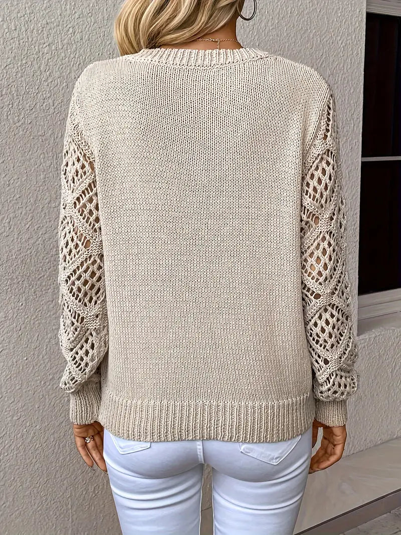Women's Knit Sweater - V-Neck - Long Sleeve - Open-Knit Detailing - Relaxed Fit