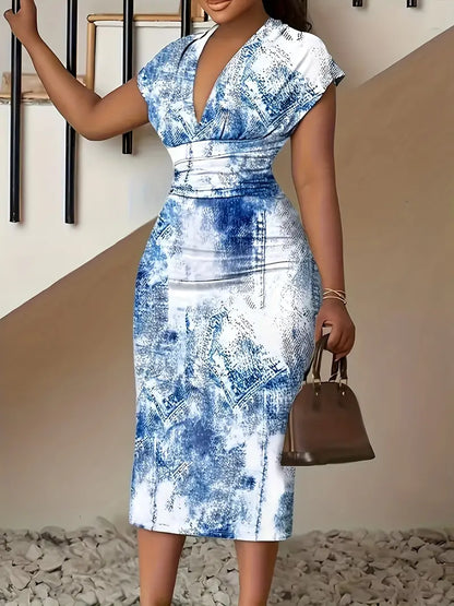 Women's Bodycon Dress - Patchwork Denim - Midi Length - V-Neck Short Sleeve