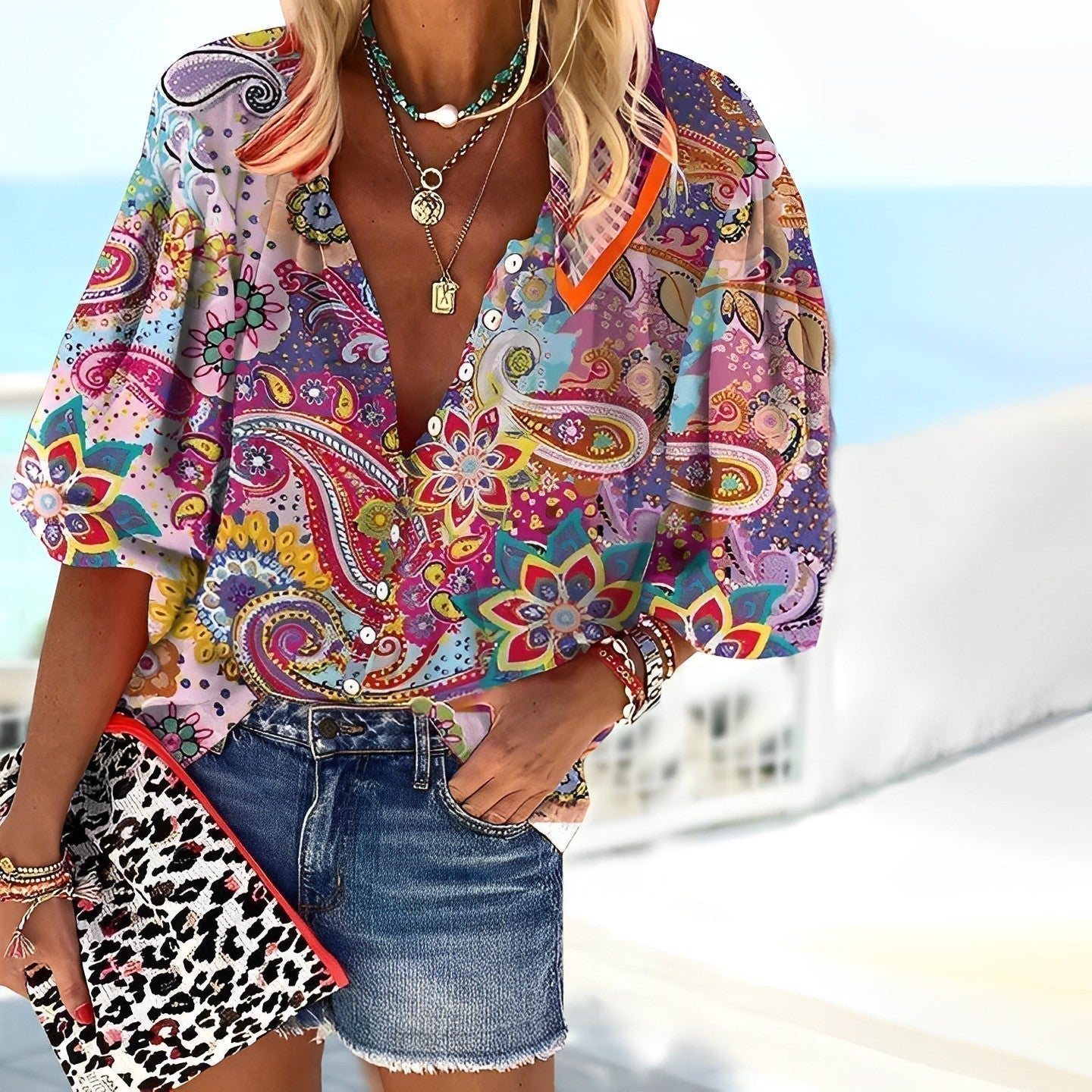 Women’s Button-Up Shirt – Relaxed Fit – Mandala Print – V-Neck – Breathable Blend