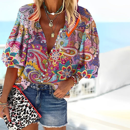 Women’s Button-Up Shirt – Relaxed Fit – Mandala Print – V-Neck – Breathable Blend