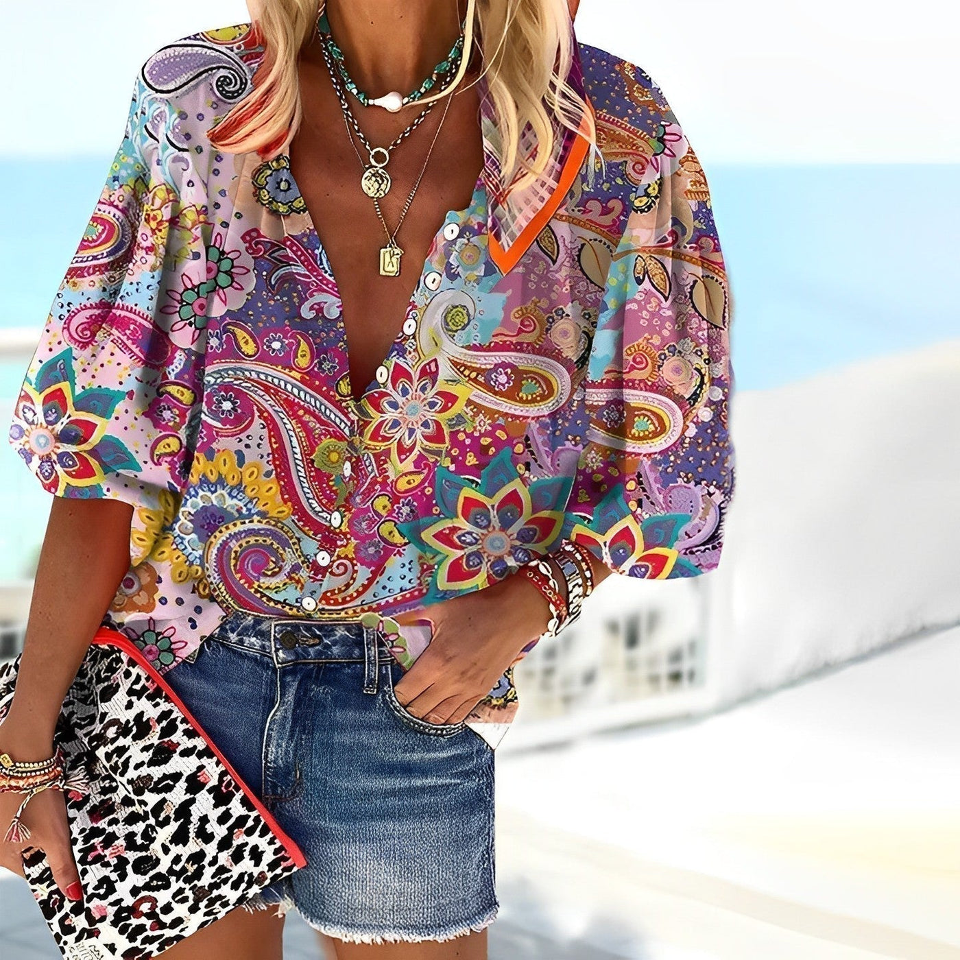 Women’s Button-Up Shirt – Relaxed Fit – Mandala Print – V-Neck – Breathable Blend