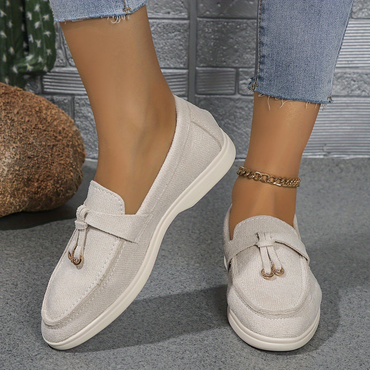 Women’s Slip-On Loafers – Woven Fabric – Decorative Lace – Casual Comfort Fit