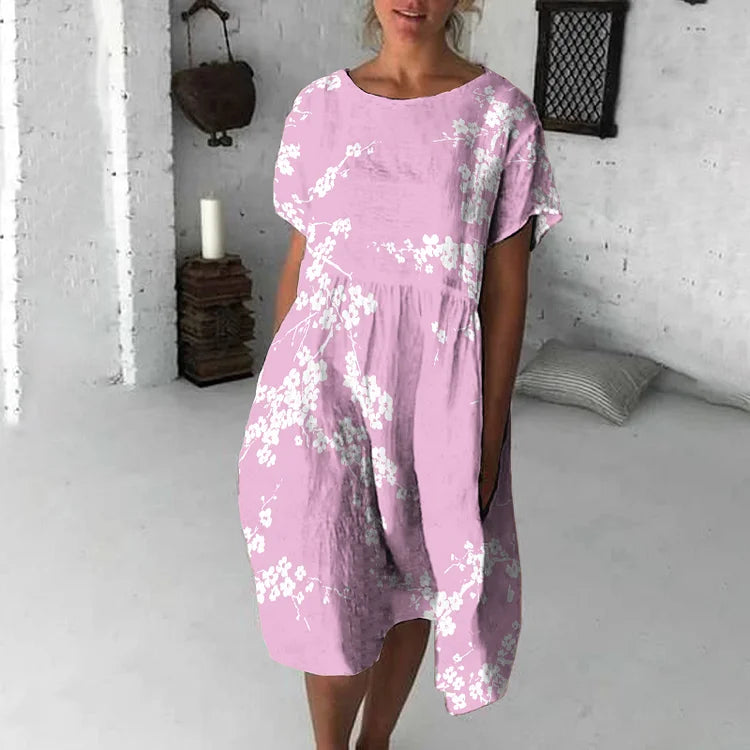 Women’s Midi Dress – Flowy Fit – Short Sleeve – Floral Print – Breathable Blend
