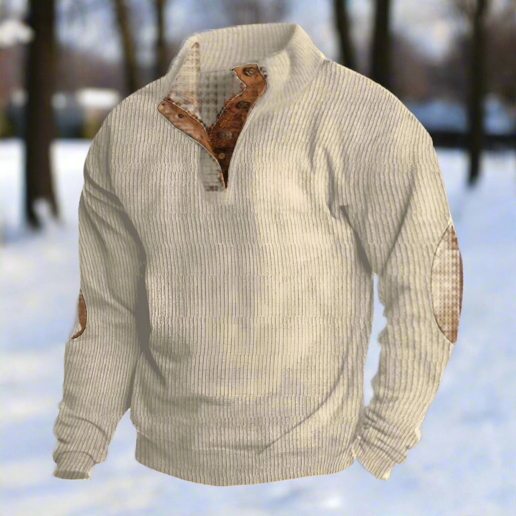 Men’s Knitted Sweater – Wool Blend – Relaxed Fit – Ribbed – Elbow Patches – Button Neck