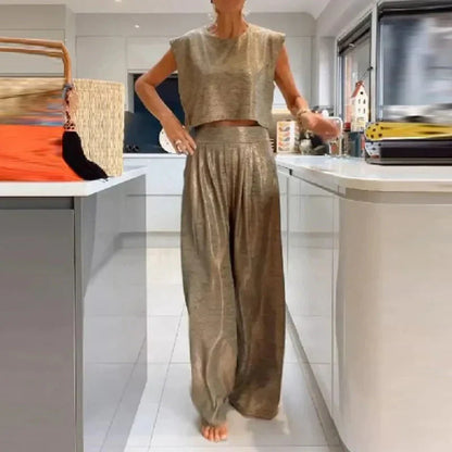 Women’s Two-Piece Set – Sleeveless Crop Top – High-Waist Wide-Leg Trousers – Silk Feel