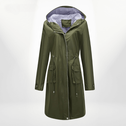 Women’s Trench Coat – Waterproof Over-Knee – Hooded – Adjustable Waist – Flap Pockets