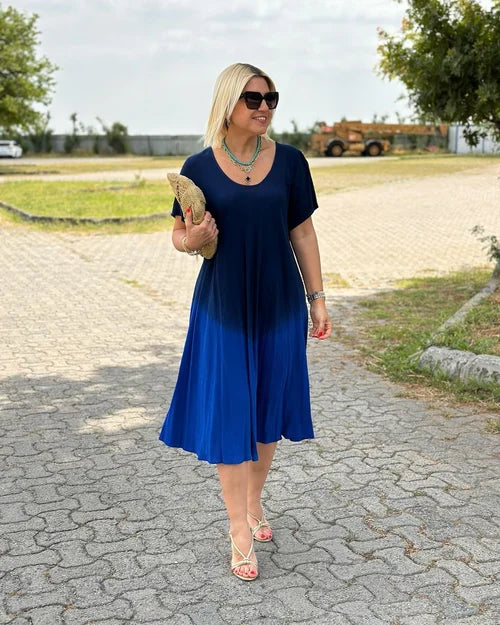 Women's Dress - Flowing Relaxed Fit - V-Neck Short Sleeve - Lightweight Breathable