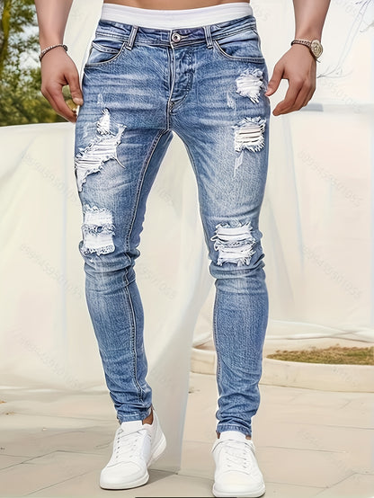 Men’s Skinny Jeans - Distressed Ripped Denim - Tapered Fit - Casual Streetwear