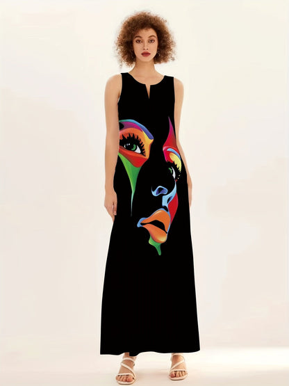 Women's Maxi Dress - Sleeveless Flowing Fit - V-Neck Artistic Face Print