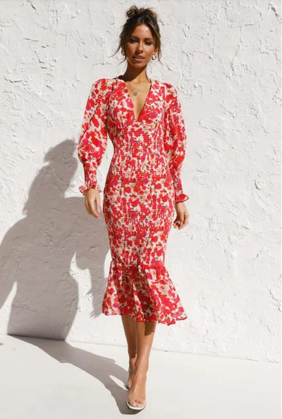 Women’s Midi Dress – Deep V-Neck – Balloon Sleeves – Ruffled Hem – Fitted Silhouette