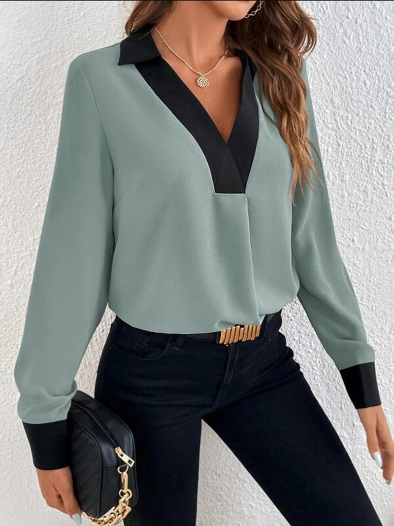 Women’s Blouse – V-Neck Contrast Trim – Long Sleeve – Soft Breathable Blend