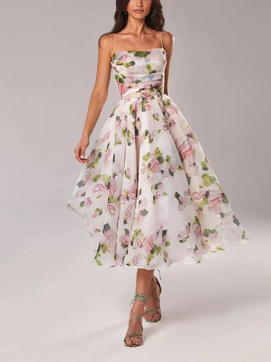 Women’s Midi Dress – Chiffon A-Line – Spaghetti Straps – Floral Print Elegant Fit