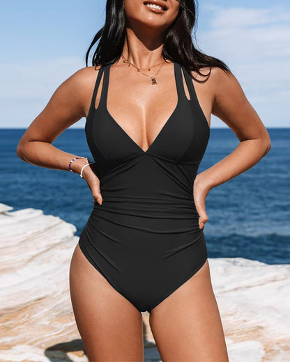 Women’s One-Piece Swimsuit – Shaping Fit – Deep V-Neck – Double Strap – Smooth Stretch Fabric