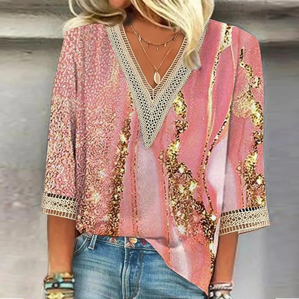 Women's stylish printed v-neck loose-fitting blouse