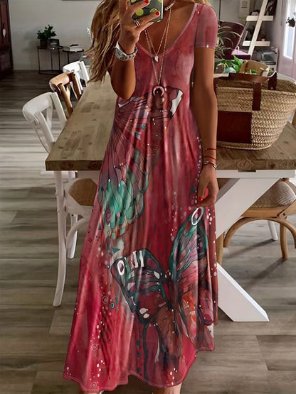 Women's Maxi Dress - Sleeveless V-Neck - Flowing Fit - Bold Butterfly Print