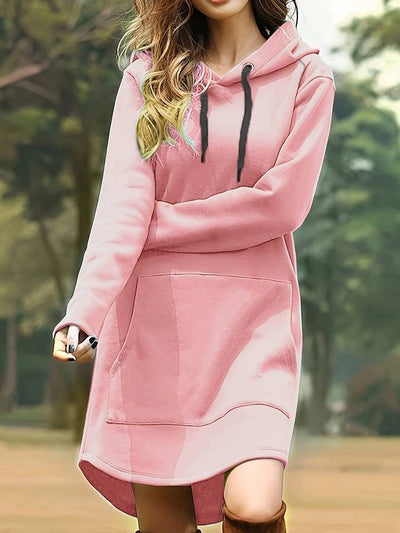 Women's Hoodie Dress - Long Sleeve - Relaxed Fit - Hooded with Kangaroo Pocket