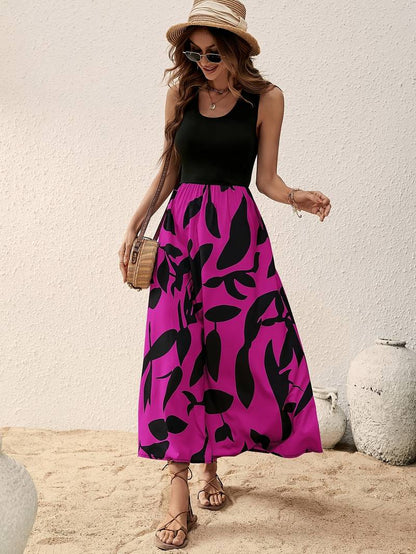 Women's Sleeveless Maxi Dress - Fitted Bodice - Scoop Neck - Flowy A-Line Skirt