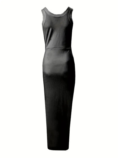 Women's Bodycon Dress - Sleeveless Scoop Neck - High Slit Satin-Like Elegant Wear