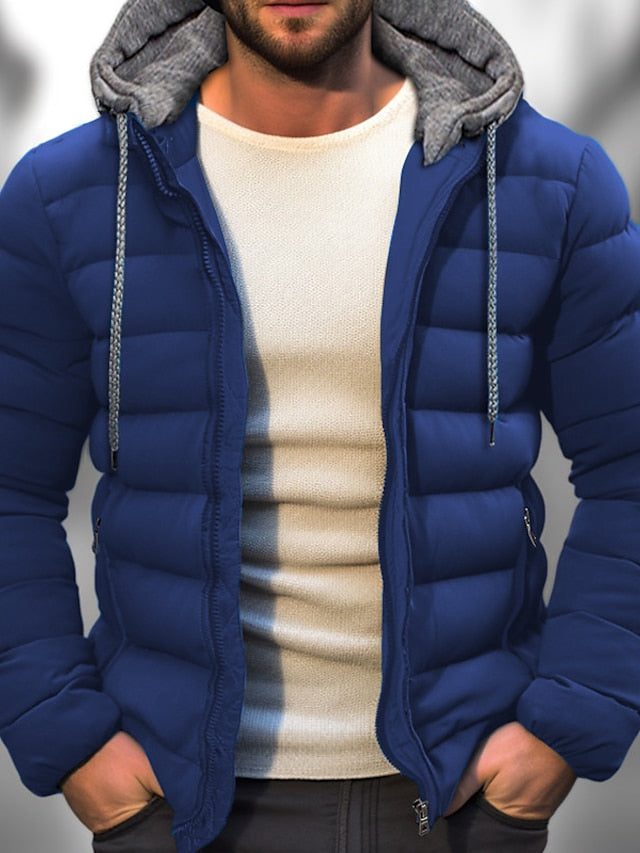 Men's lightweight winter coat with zipper hood and drawstring