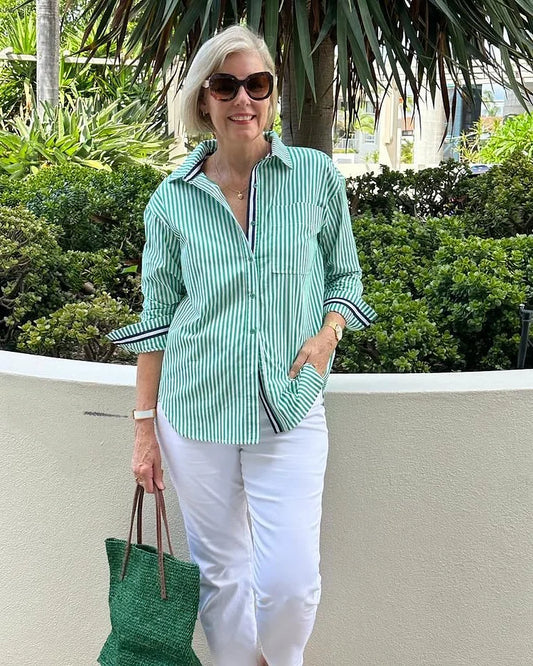Women’s Button-Up Shirt – Relaxed Fit – Lightweight Cotton – Long Sleeve Striped Casual