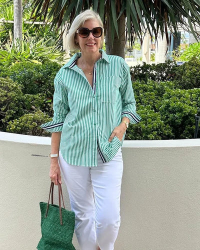 Women’s Button-Up Shirt – Relaxed Fit – Lightweight Cotton – Long Sleeve Striped Casual